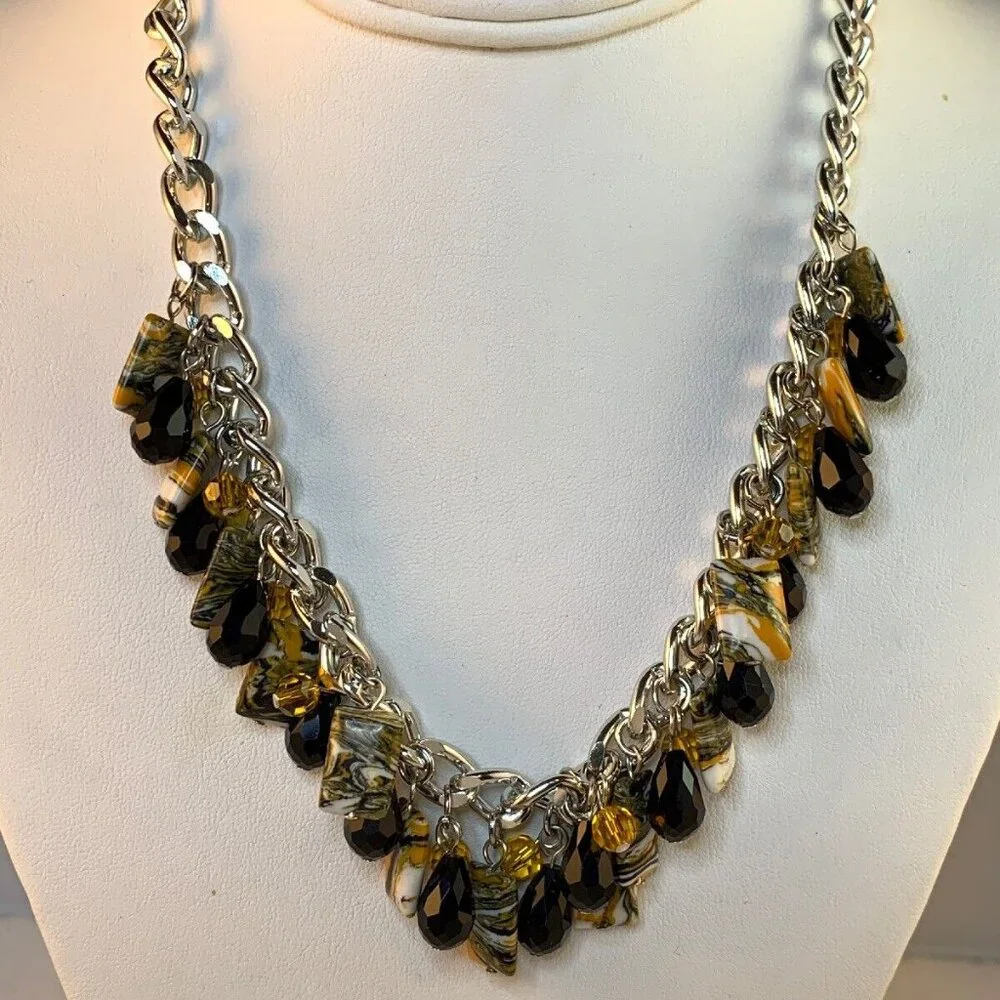 Silver Tone Curb Chain Bib Necklace With Tiger Striped & Crystal Beads (NA111) - Picture 1 of 4